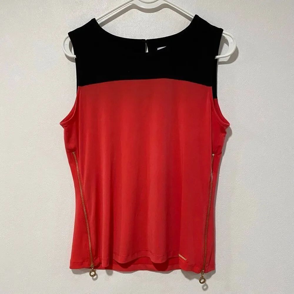 Calvin Klein Sleeveless Red Black Colorblock Top Gold Zipper Size S